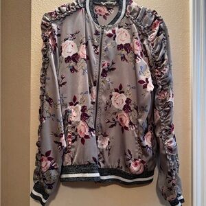 Buckle Floral Bomber Jacket in Gray and Pink